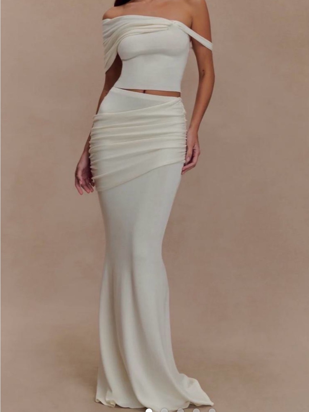 MESHKI Irene set size Small- IVORY maxi skirt with cropped off shoulder top NWT